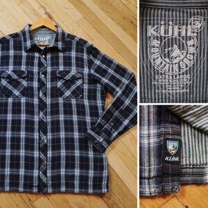 KUHL Flannel Shirt Men's XL Black Plaid Lined Embroidered Mountain Grown Hiking
